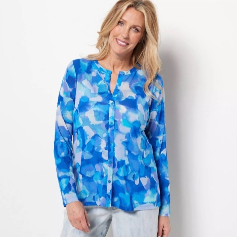 LOGO by Lori Goldstein Blue Patterned Blouse - image 1